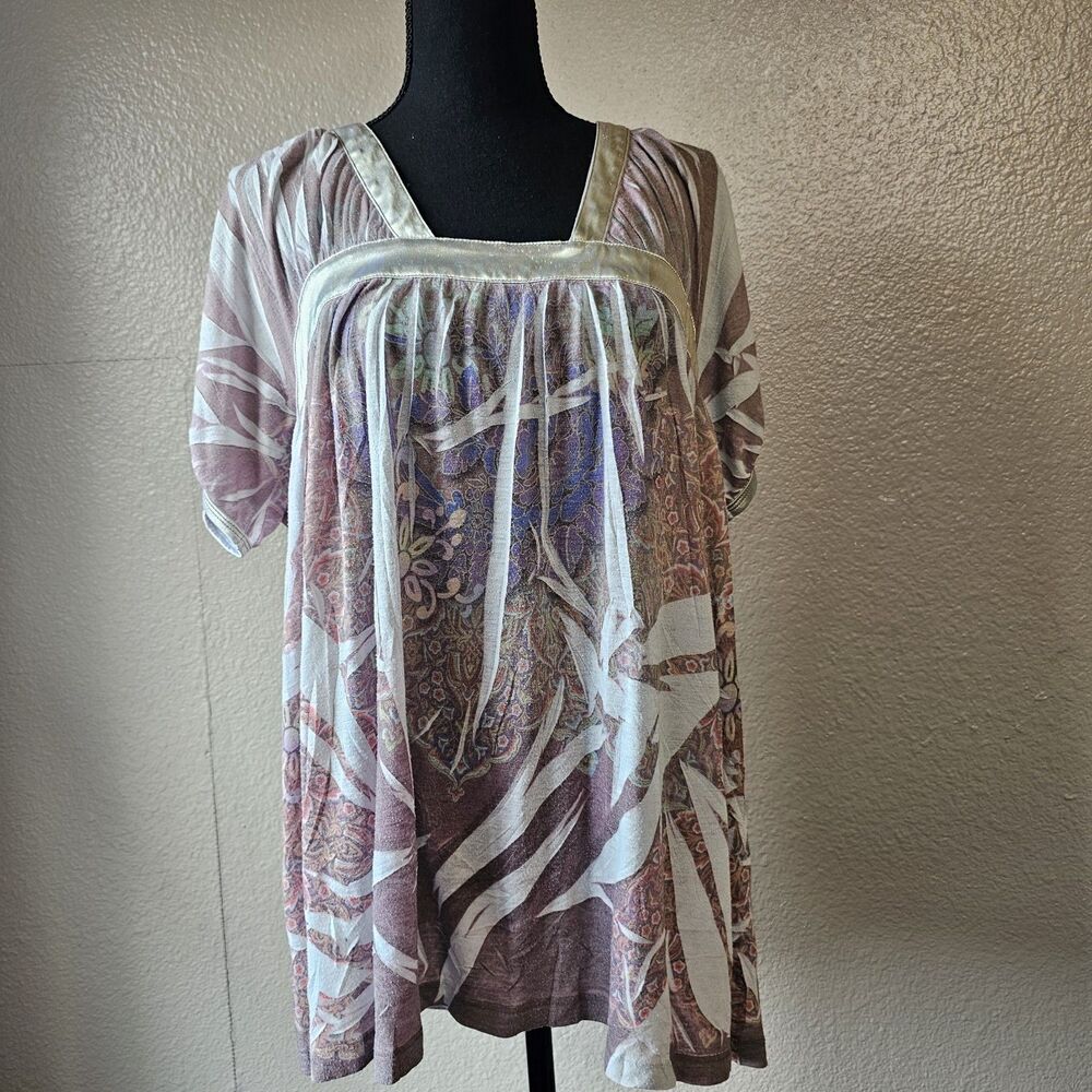 Casual Freedom XL Silk Blend Boho Tunic Top Sheer Paisley Flowy Peasant CC703